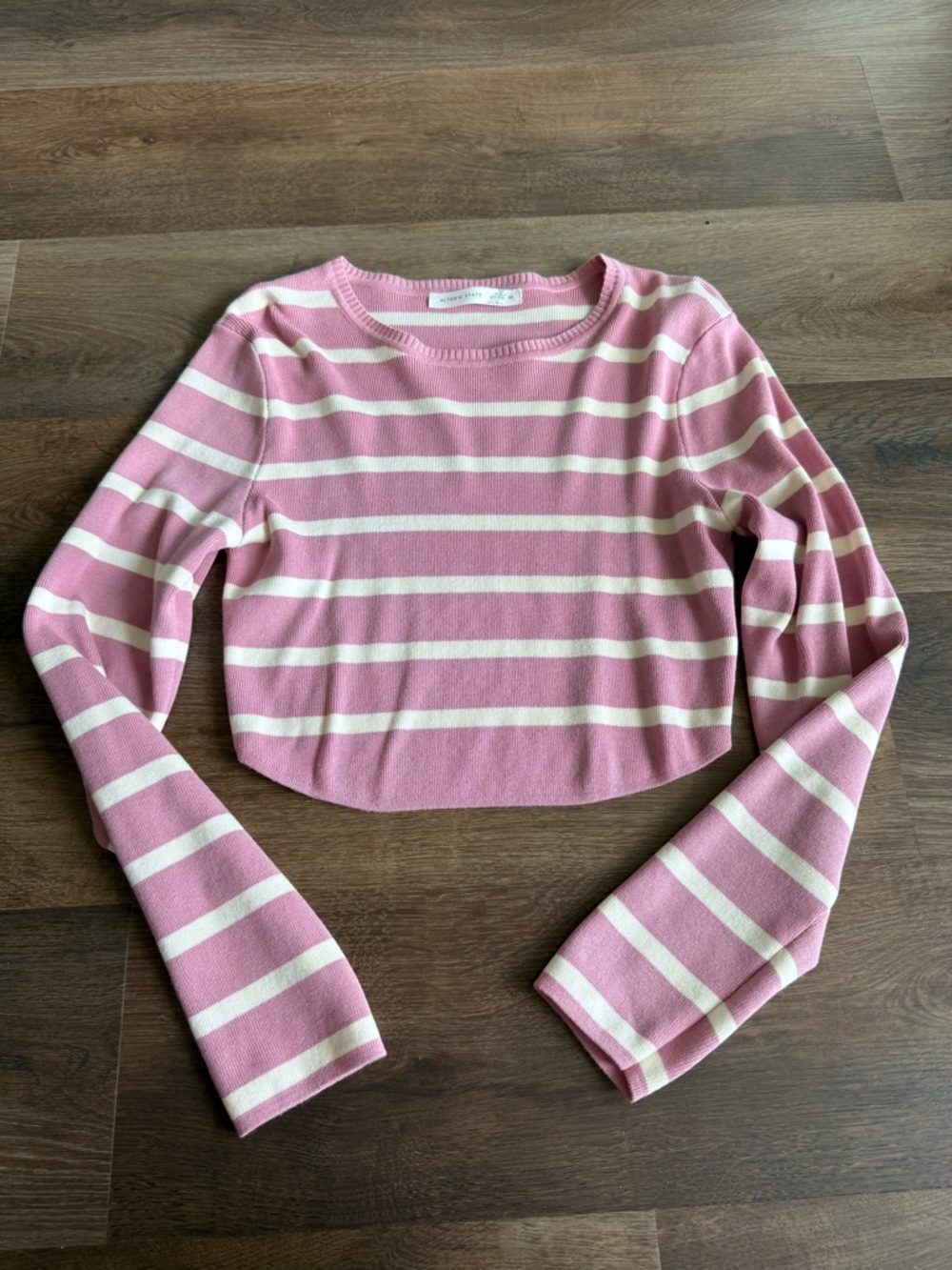 Altar'd State Pink & Cream Striped Cropped Crewneck Sweater